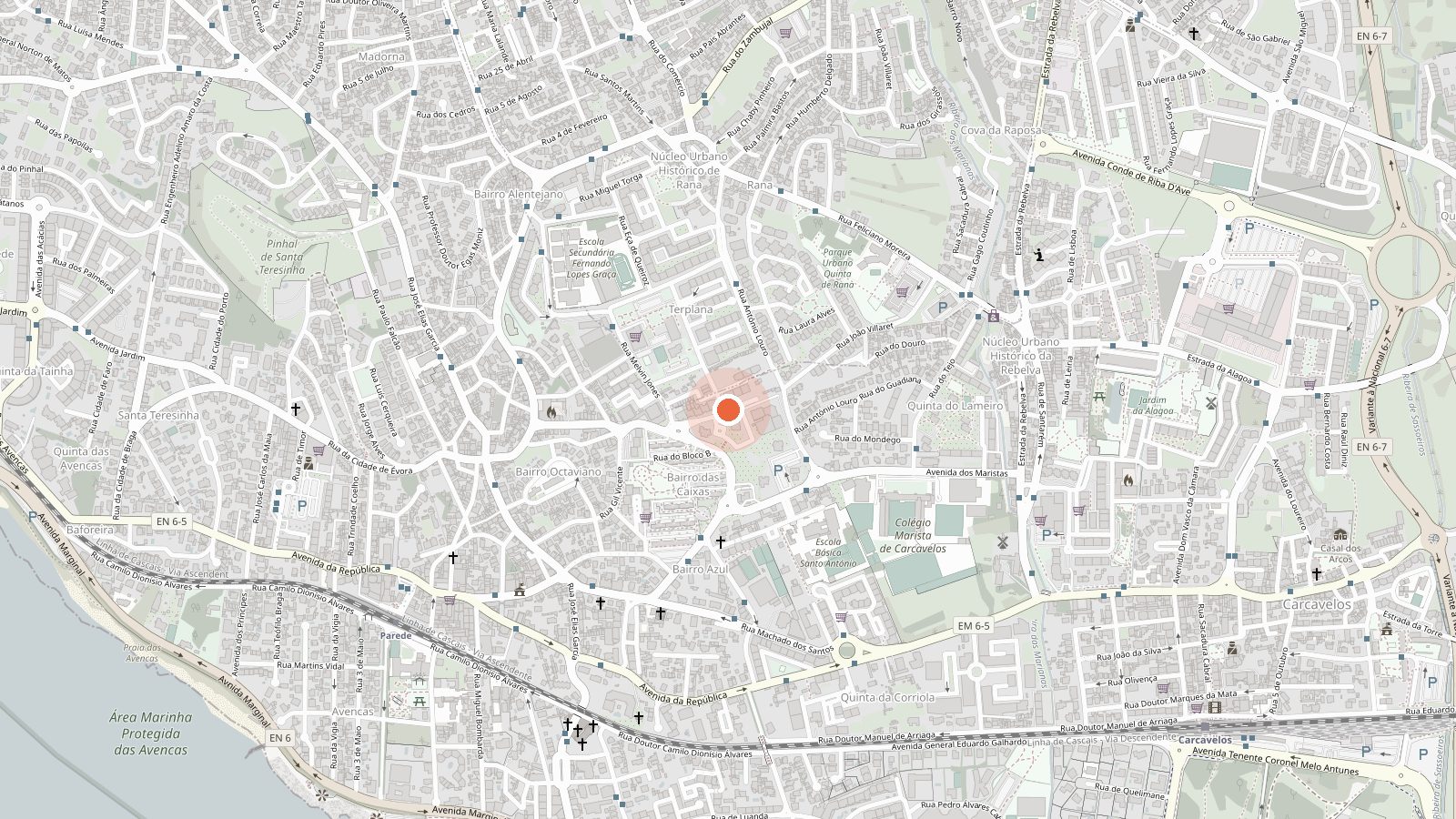 Mapa da Parede, concelho de Cascais, com marcação na Rua Professor Agostinho da Silva